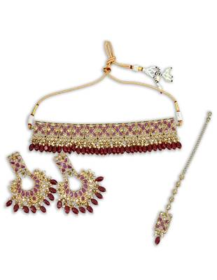 glimmery flower design red uncut kundan gold plated collar jewellery set for women 2
