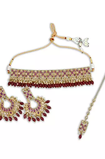 glimmery flower design red uncut kundan gold plated collar jewellery set for women