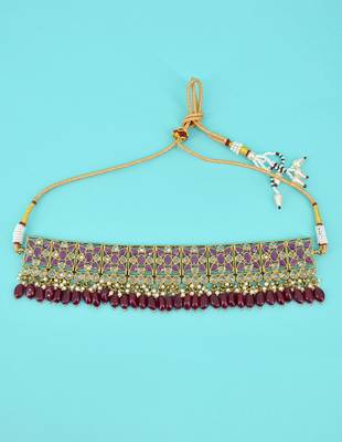 glimmery flower design red uncut kundan gold plated collar jewellery set for women 3