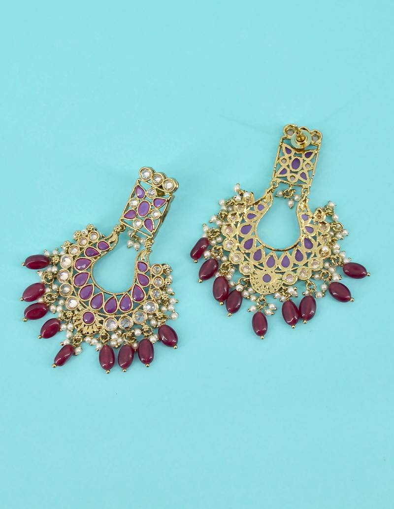 glimmery flower design red uncut kundan gold plated collar jewellery set for women