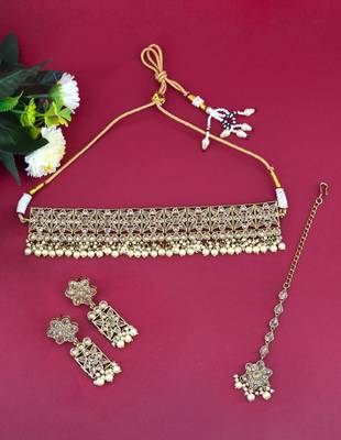 glorious flower design brown uncut kundan gold plated collar jewellery set for women 1