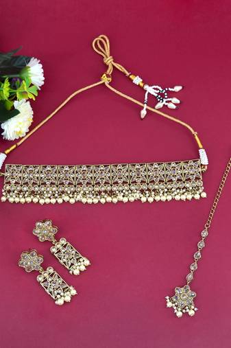 glorious flower design brown uncut kundan gold plated collar jewellery set for women
