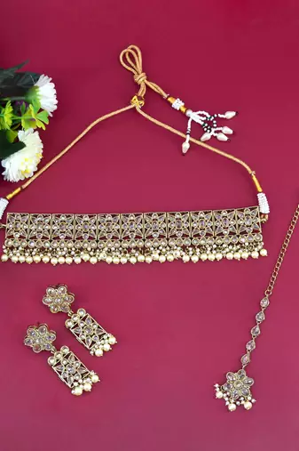 glorious flower design brown uncut kundan gold plated collar jewellery set for women