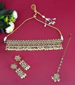 glorious flower design brown uncut kundan gold plated collar jewellery set for women