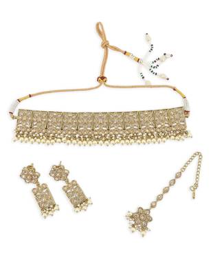 glorious flower design brown uncut kundan gold plated collar jewellery set for women 2