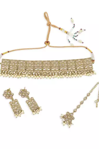 glorious flower design brown uncut kundan gold plated collar jewellery set for women