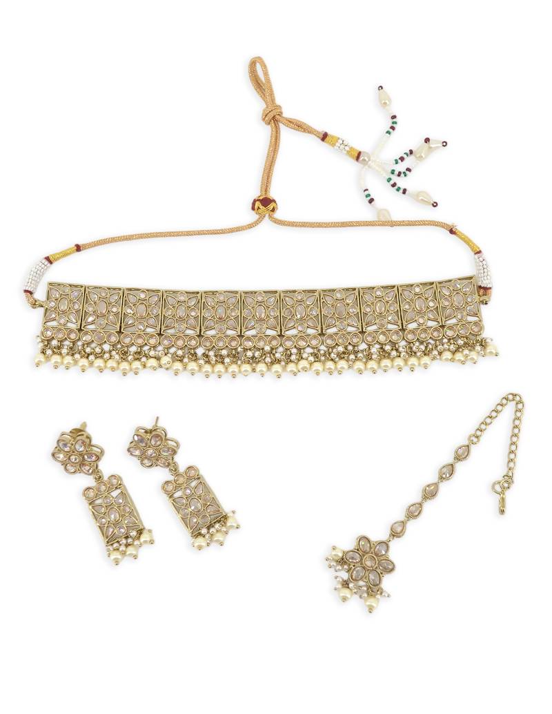 glorious flower design brown uncut kundan gold plated collar jewellery set for women