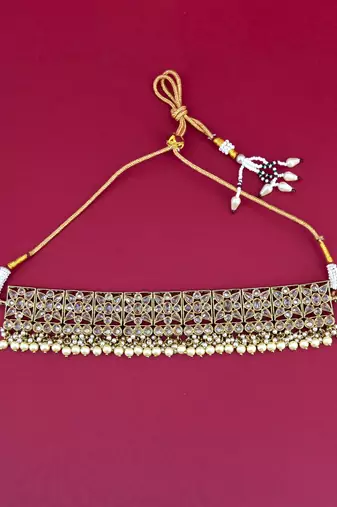 glorious flower design brown uncut kundan gold plated collar jewellery set for women