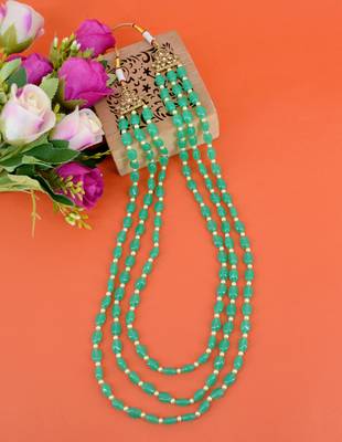 modern green mother of pearls 3 layered gold plated long haram necklace pearl mala for women 1