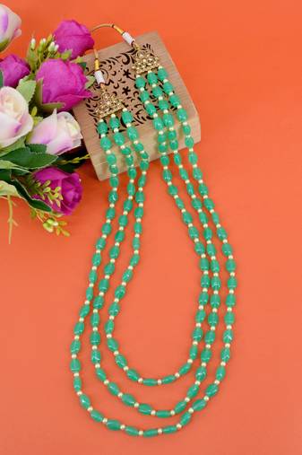modern green mother of pearls 3 layered gold plated long haram necklace pearl mala for women