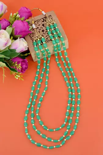 modern green mother of pearls 3 layered gold plated long haram necklace pearl mala for women