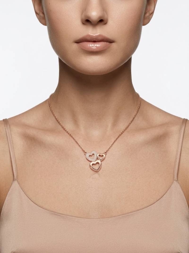 925 Sterling Silver Rose Gold Triple Heart Pendant Necklace Set 