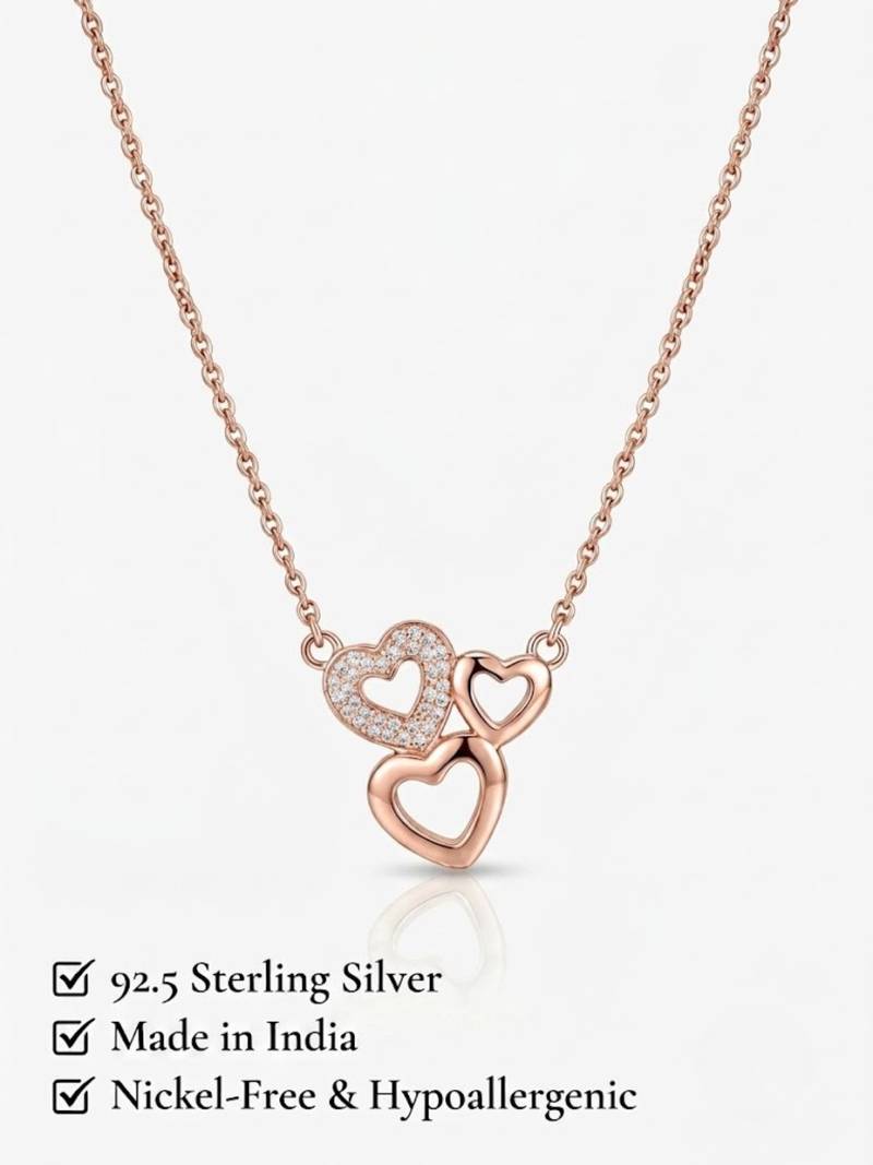 925 Sterling Silver Rose Gold Triple Heart Pendant Necklace Set 