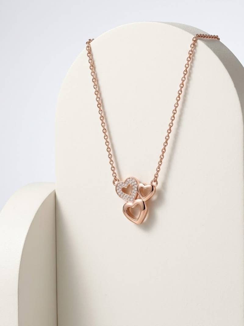 925 Sterling Silver Rose Gold Triple Heart Pendant Necklace Set 