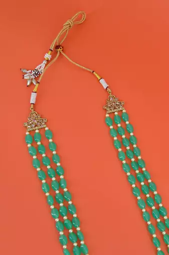 modern green mother of pearls 3 layered gold plated long haram necklace pearl mala for women