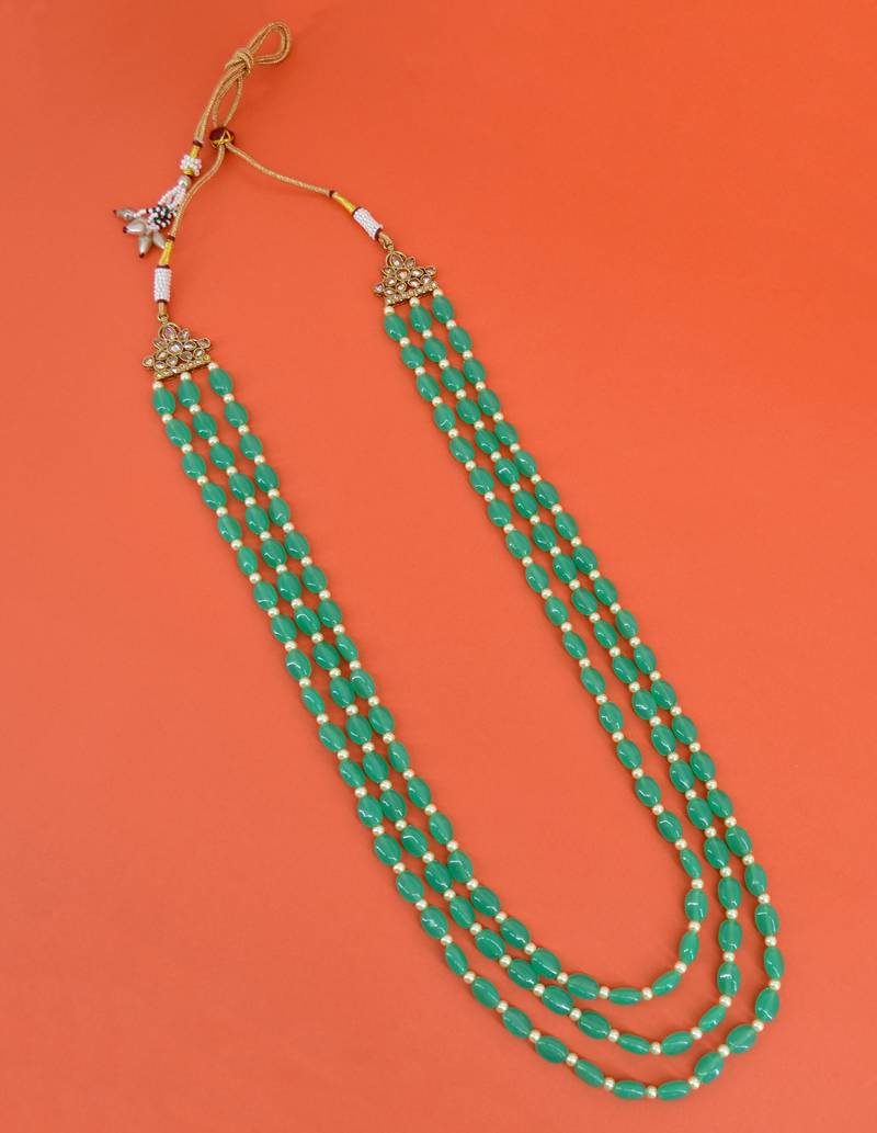 modern green mother of pearls 3 layered gold plated long haram necklace pearl mala for women