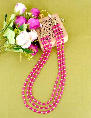 modish pink mother of pearls 3 layered gold plated long haram necklace pearl mala for women 1