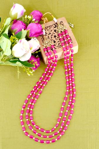 modish pink mother of pearls 3 layered gold plated long haram necklace pearl mala for women