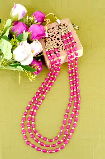 modish pink mother of pearls 3 layered gold plated long haram necklace pearl mala for women