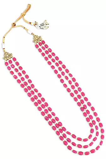 modish pink mother of pearls 3 layered gold plated long haram necklace pearl mala for women
