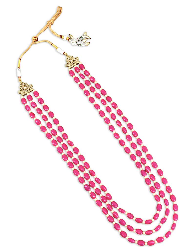 modish pink mother of pearls 3 layered gold plated long haram necklace pearl mala for women