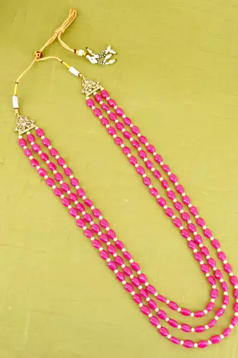 modish pink mother of pearls 3 layered gold plated long haram necklace pearl mala for women