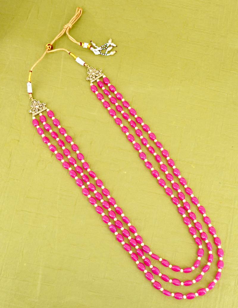 modish pink mother of pearls 3 layered gold plated long haram necklace pearl mala for women