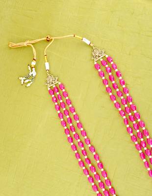 modish pink mother of pearls 3 layered gold plated long haram necklace pearl mala for women 4