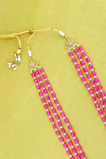 modish pink mother of pearls 3 layered gold plated long haram necklace pearl mala for women