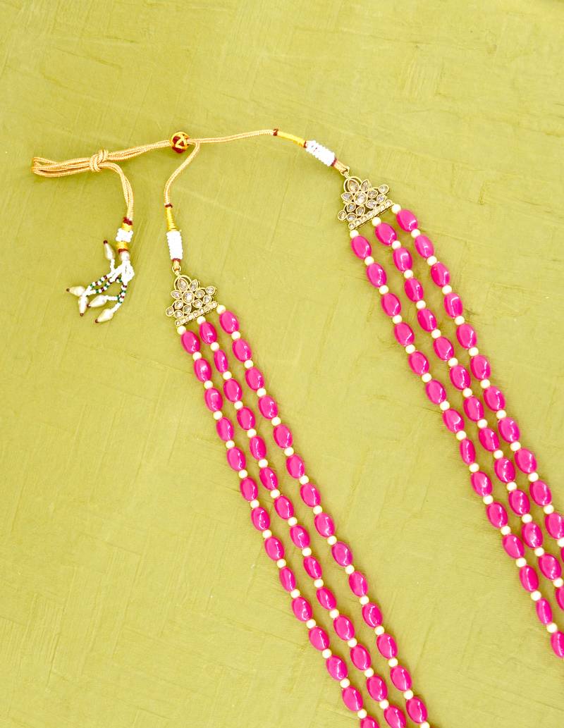 modish pink mother of pearls 3 layered gold plated long haram necklace pearl mala for women