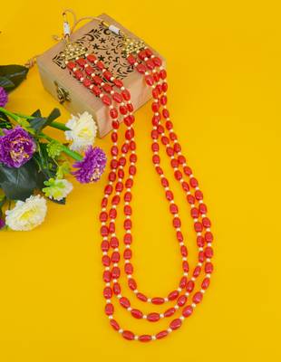 pleasant red mother of pearls 3 layered gold plated long haram necklace pearl mala for women 1