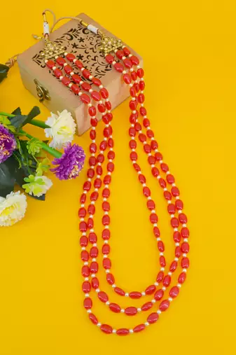pleasant red mother of pearls 3 layered gold plated long haram necklace pearl mala for women