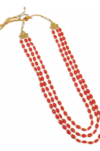 pleasant red mother of pearls 3 layered gold plated long haram necklace pearl mala for women