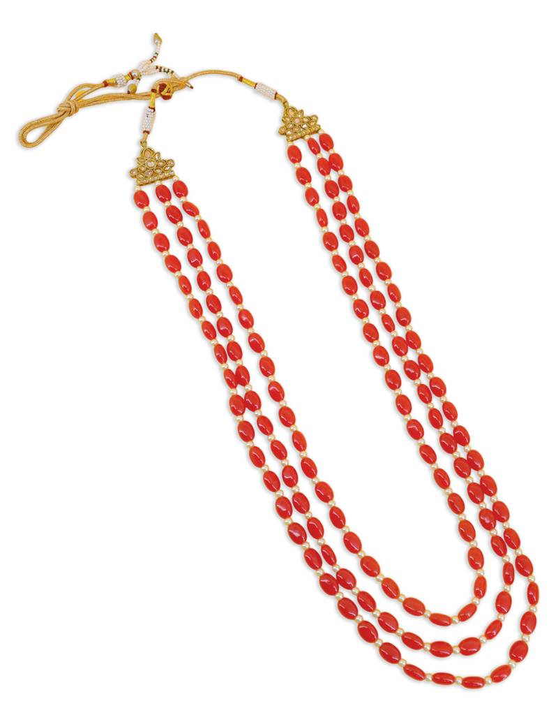 pleasant red mother of pearls 3 layered gold plated long haram necklace pearl mala for women
