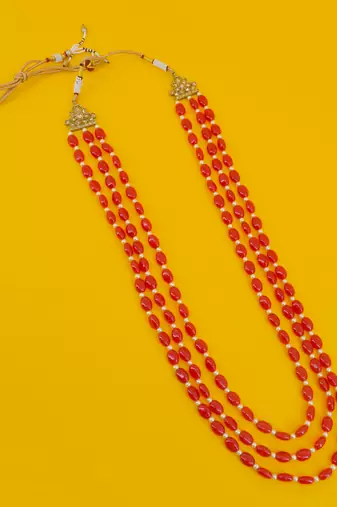 pleasant red mother of pearls 3 layered gold plated long haram necklace pearl mala for women