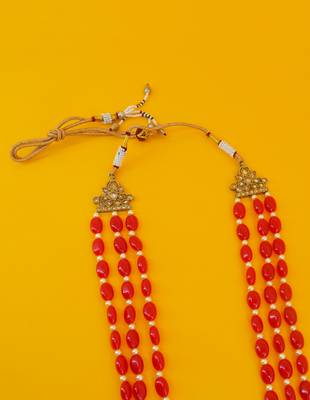 pleasant red mother of pearls 3 layered gold plated long haram necklace pearl mala for women 4