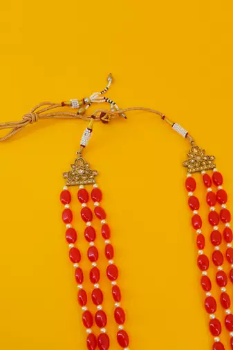 pleasant red mother of pearls 3 layered gold plated long haram necklace pearl mala for women