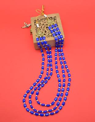 pleasing blue mother of pearls 3 layered gold plated long haram necklace pearl mala for women 1