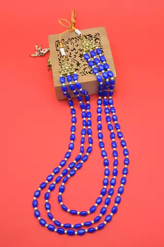 pleasing blue mother of pearls 3 layered gold plated long haram necklace pearl mala for women