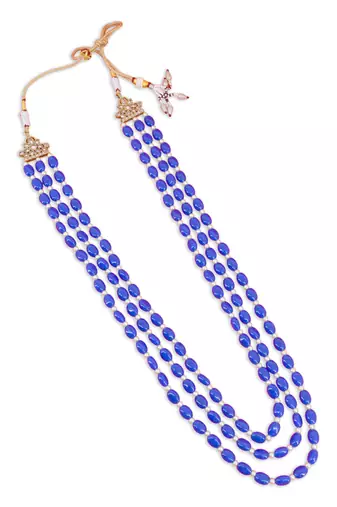 pleasing blue mother of pearls 3 layered gold plated long haram necklace pearl mala for women