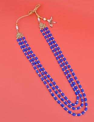 pleasing blue mother of pearls 3 layered gold plated long haram necklace pearl mala for women 3