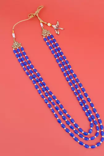 pleasing blue mother of pearls 3 layered gold plated long haram necklace pearl mala for women