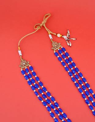 pleasing blue mother of pearls 3 layered gold plated long haram necklace pearl mala for women 4