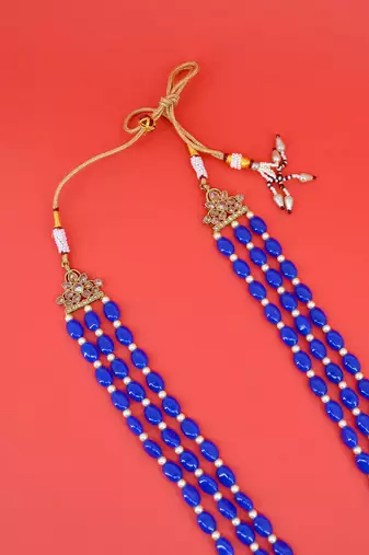 pleasing blue mother of pearls 3 layered gold plated long haram necklace pearl mala for women