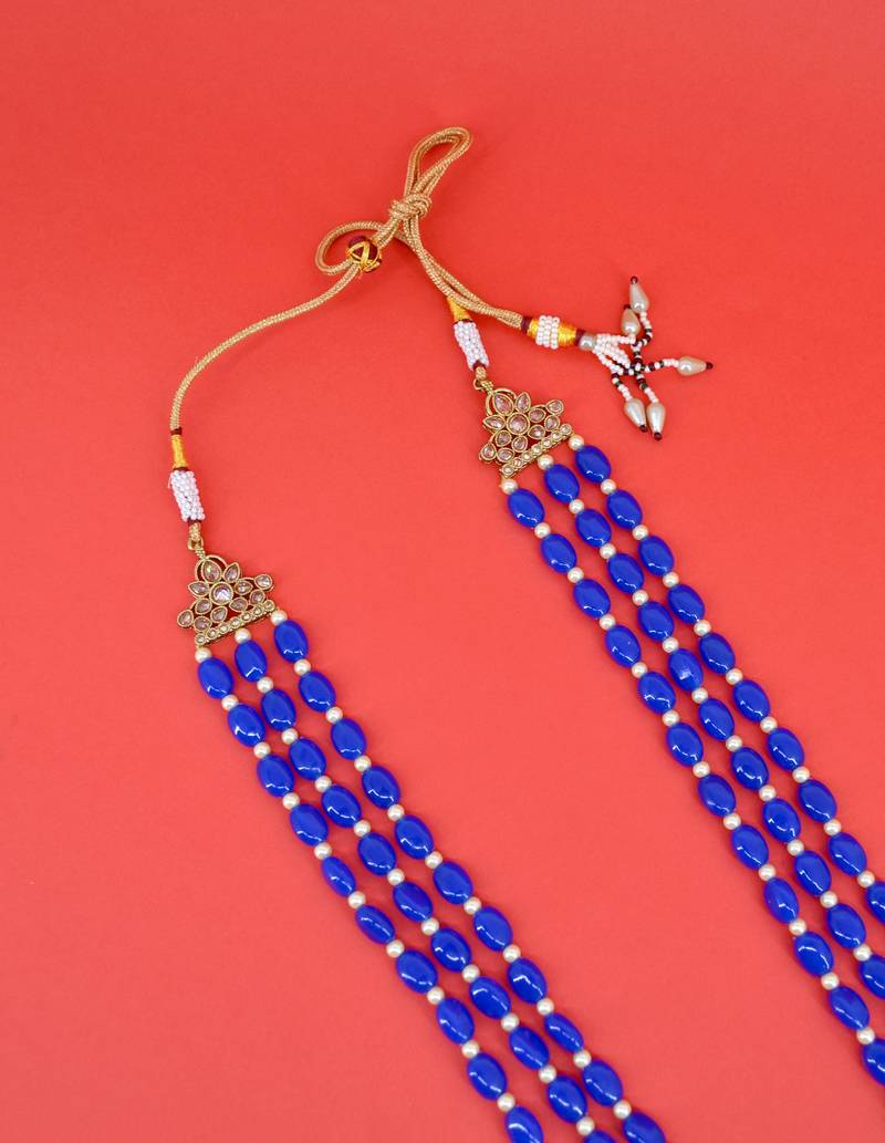 pleasing blue mother of pearls 3 layered gold plated long haram necklace pearl mala for women