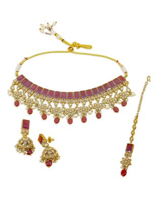 stylish flower and square shape red uncut kundan gold plated choker jewellery set for women 1