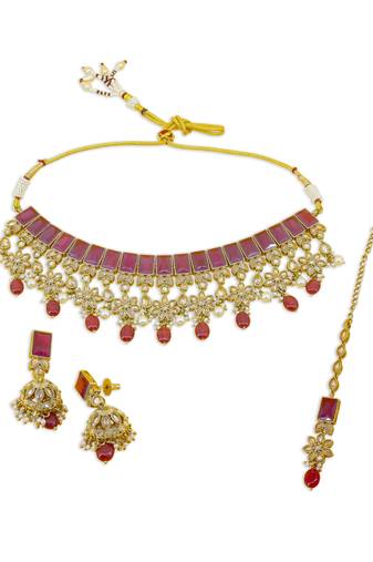 stylish flower and square shape red uncut kundan gold plated choker jewellery set for women