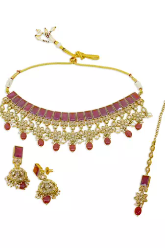 stylish flower and square shape red uncut kundan gold plated choker jewellery set for women