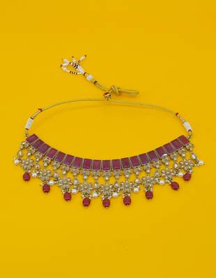 stylish flower and square shape red uncut kundan gold plated choker jewellery set for women 2