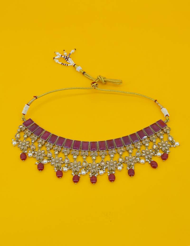 stylish flower and square shape red uncut kundan gold plated choker jewellery set for women